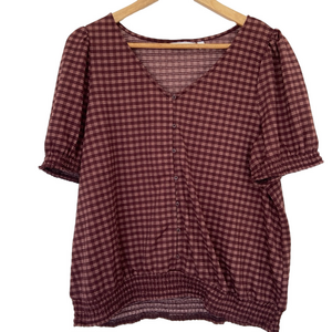 REITMANS BURGUNDY CHECKERED PATTERN V-NECK TOP/BLOUSE WITH SHIRRING, XL
